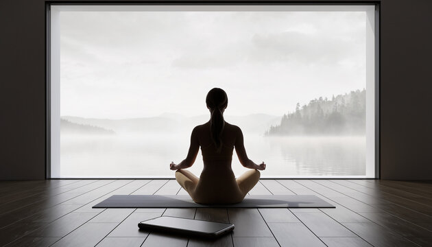 Digital Detox Serenity. Health & Wellness Reset. A person's silhouette sitting cross-legged on a yoga mat by a large window, looking out at a calm, misty landscape.
