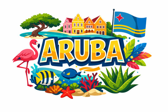 Aruba culture vector illustration with Caribbean architecture wildlife nature and national symbols