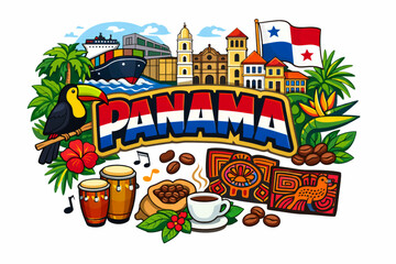 Panama culture vector illustration with canal colonial architecture rainforest music and national symbols