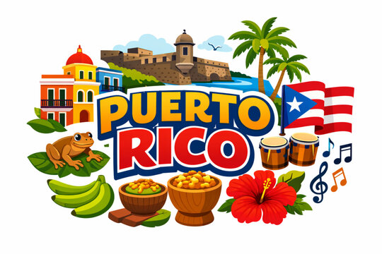 Puerto Rico culture vector illustration with colonial architecture music cuisine nature and national symbols