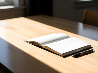 Open notebook and pen on wooden desk bathed in sunlight