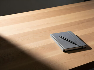 Open notebook and pen on wooden desk illuminated by light beam