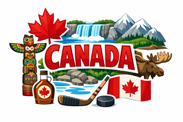 Canada culture vector illustration with maple leaf waterfalls mountains wildlife and national symbols