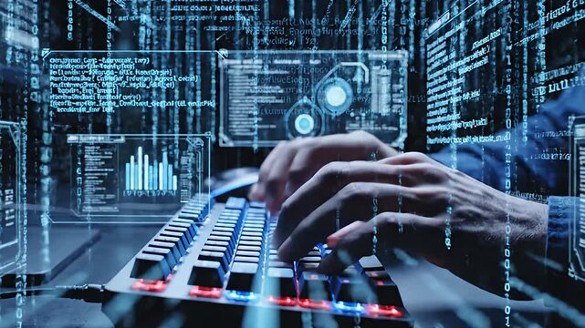 Cyber Security Concept: Programmer Working with Holographic Data Interface
