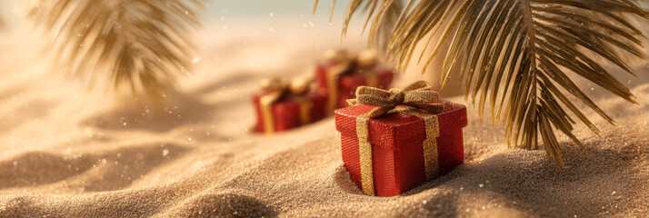 Festive christmas gift boxes with textured red wrapping paper and rustic brown ribbons on a sandy beach illuminated by warm golden sunset light, holiday celebration scene