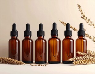 Six amber glass dropper bottles stand with wheat on a beige backdrop