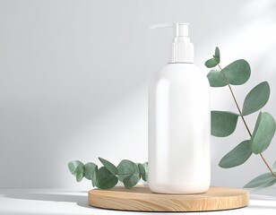 White dispenser bottle on wooden stand with eucalyptus leaves