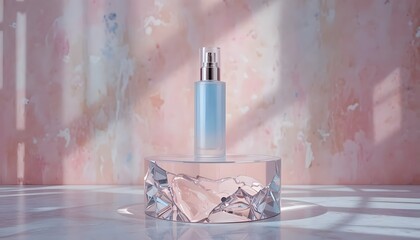 Elegant cosmetic bottle on crystal display in modern pink studio