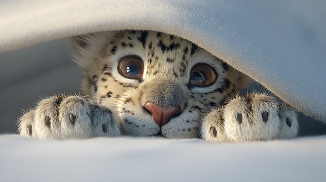 Snow Leopard Cub: An adorable snow leopard cub peeks playfully, revealing its captivating eyes and unique fur markings under a fluffy blanket.