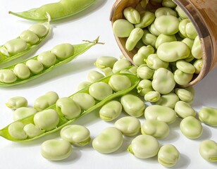 Close-up of broad beans spilled from a wooden container and their pods