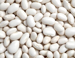 Close-up of numerous, uniformly white, smooth, kidney-shaped beans