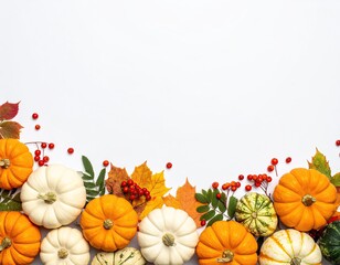 Overhead shot of pumpkins, leaves, berries against white background