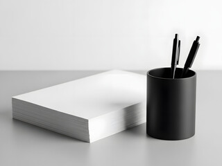 Stack of paper and writing tools in a container