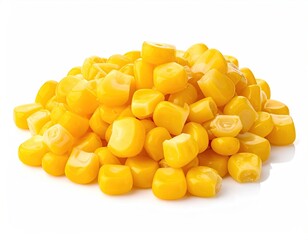 Close-up of a vibrant pile of cooked corn kernels on a white background