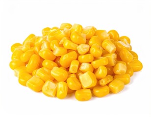 Pile of bright, yellow corn kernels against a clean white background