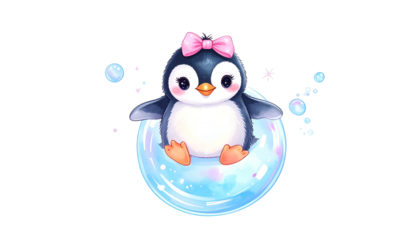 Adorable cartoon penguin with a pink bow floating in a blue, sparkly bubble