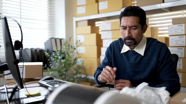 Label printer malfunction on work desk while stressed warehouse owner faces business problems and operational failure in storage office