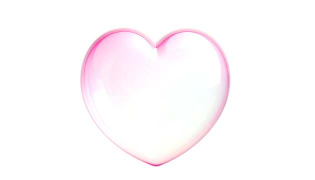 A delicate, translucent pink heart shape, resembling a soap bubble or glass, floating against a transparent background.