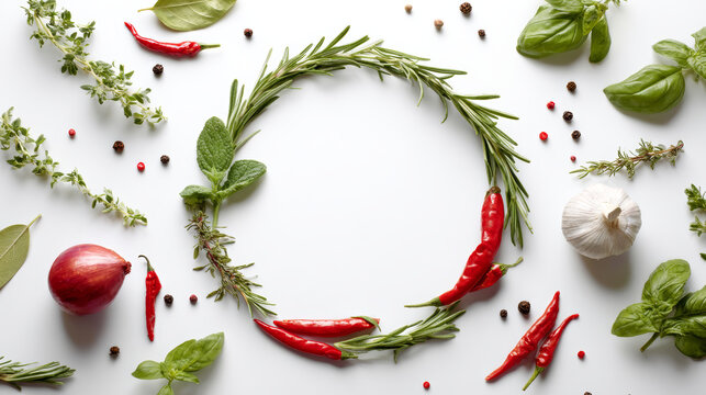 Flat lay of fresh herbs and spices including rosemary, basil, thyme, garlic, red chili peppers, onion, and peppercorns arranged in a circular pattern