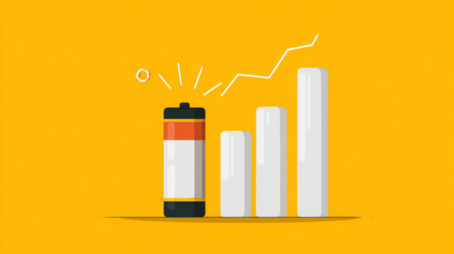 Flat vector illustration of a rechargeable battery with increasing bar graph representing energy or power growth on a vibrant yellow background
