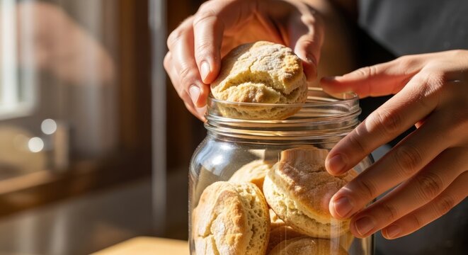 Hands placing a cookie into a glass jar on a kitchen counter.