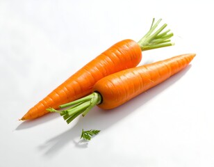 Two fresh, orange carrots with green tops lie on a bright white surface