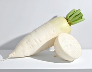 A large, white root vegetable with a cross-section on a plain surface