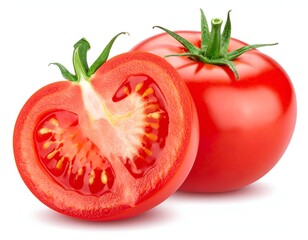 A whole tomato next to a sliced one, showcasing the red flesh