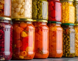 Assorted pickled vegetables in jars, close up, various colors
