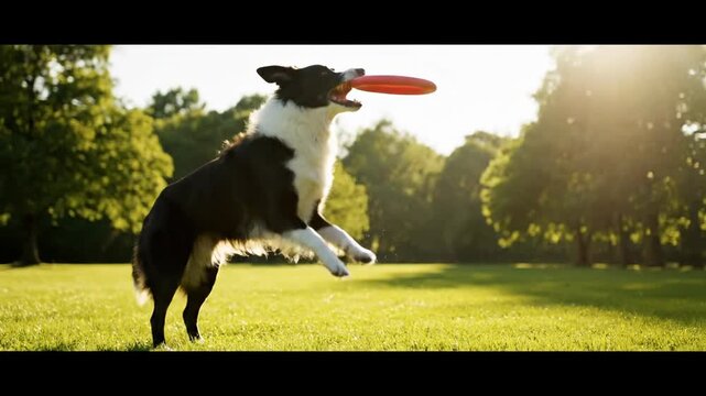 Energetic Border Collie dog catching a red frisbee in a sunny green park