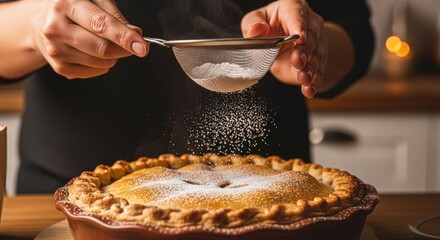 Person sprinkling powdered sugar on a pie in a kitchen with warm tones.