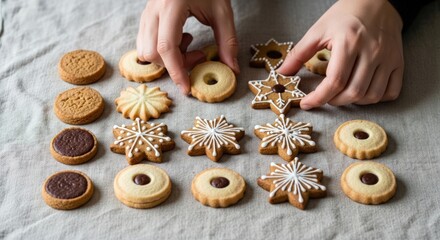 A person's hands arranging assorted Christmas cookies on a table with a white cloth background.