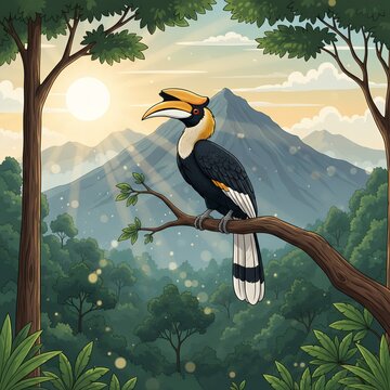 Burung rangkong (enggang) yang berwarna cerah bertengger di dahan pohon di hutan lebat dengan pegunungan.