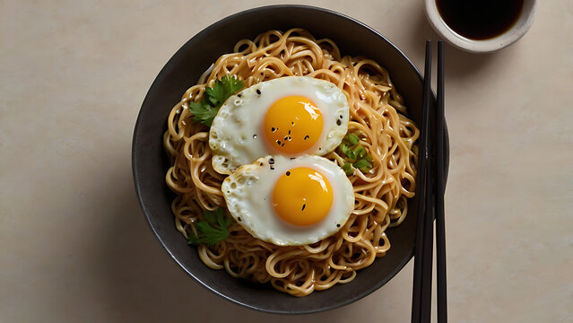 Top view of mie goreng topped with two fried eggs in a dark bowl