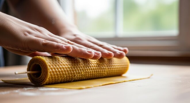 Close-up of hands rolling out yellow wallpaper paste with a grid patterned roller on a table near a