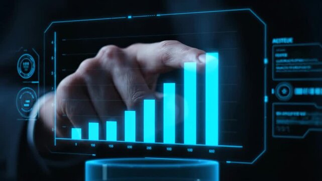 A hand pushes a button on a digital touchscreen interface to analyze a financial stock market graph and business growth report on a technology display