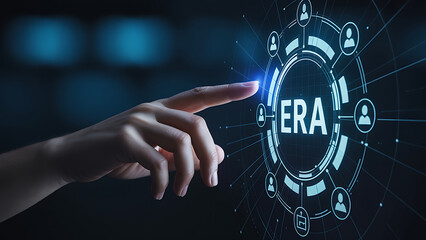 Hand interacting with futuristic ERA interface on dark background