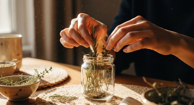 Close-up of hands filling a glass jar with dried herbs from a wooden spoon on a table with bowls - Powered by Adobe