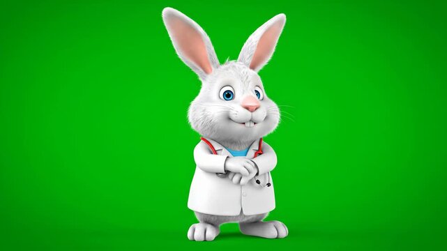 Cute white bunny character eating a green leaf on grass as a happy Easter holiday animal vector illustration