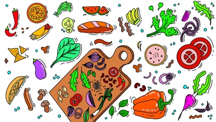 Colorful hand-drawn food doodle set with vegetables, fruits, and cutting board. Healthy cooking ingredients vector illustration on white background.