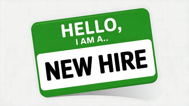 Green new hire name tag for employee orientation and onboarding