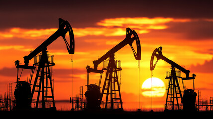 Oil pump jacks operating at sunset representing energy extraction industrial production and fossil fuel economy.
