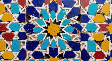 Close-up of colorful mosaic tiles arranged in a geometric pattern with blue, yellow, red,