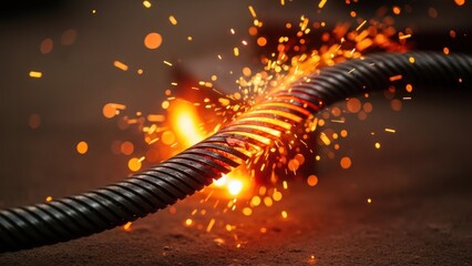 A close-up of a metal rod being welded with fiery sparks and intense heat
