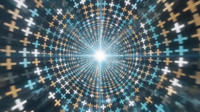 Abstract tunnel of plus signs with bright light in the center.