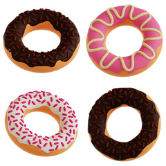 High quality 3D illustration of donut icons featuring chocolate and strawberry donuts with glaze, sprinkles, and icing. Modern colorful style for graphic assets, UI elements, apps, menus, and branding