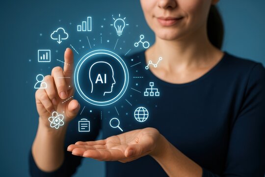 AI-powered Innovation: A woman interacts with an illuminated interface showcasing artificial intelligence, surrounded by digital icons representing various technological applications. - Powered by Adobe