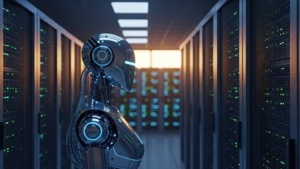 A metallic, futuristic android observes rows of illuminated server racks in a data center