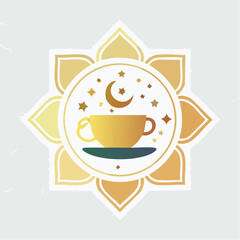 Golden teacup with moon and stars in floral frame design illustration