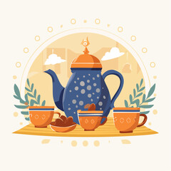 Illustrated teapot and cups composition with dates on a yellow surface